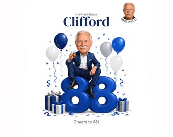 88th Birthday Caricature for Him — Personalized Cartoon Portrait, Custom Digital Gift