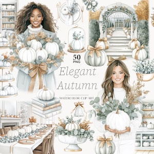 May include: A digital collection of watercolor illustrations featuring white pumpkins, eucalyptus foliage, gold ribbons, and two individuals, with the text 50 PNG Elegant Autumn Watercolor Clip Art displayed in the center of the composition.