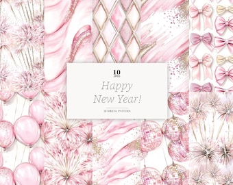 New Year seamless pattern New Year digital paper Coquette New Year 2025 paper pink gold New Year pattern pink Celebration pattern Download