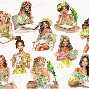 May include: A collection of watercolour illustrations depicting women in tropical settings, writing in notebooks. The women are wearing floral dresses and accessories. Some images include a parrot, a monkey, a coconut, and a pineapple. The colour scheme is vibrant, with greens, yellows, and pinks.