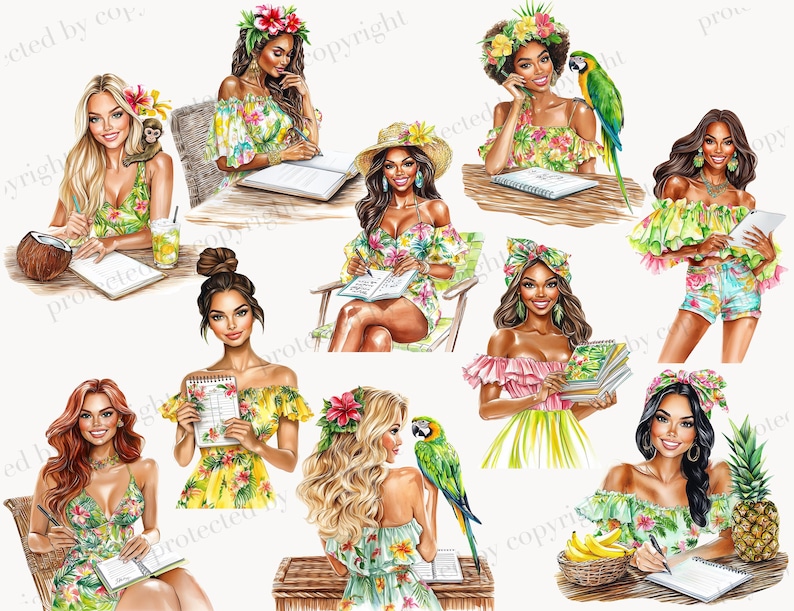 May include: A collection of watercolour illustrations depicting women in tropical settings, writing in notebooks. The women are wearing floral dresses and accessories. Some images include a parrot, a monkey, a coconut, and a pineapple. The colour scheme is vibrant, with greens, yellows, and pinks.