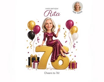 Personalized 76th Birthday Cartoon Portrait — Custom Caricature for Her, Printable Digital Gift