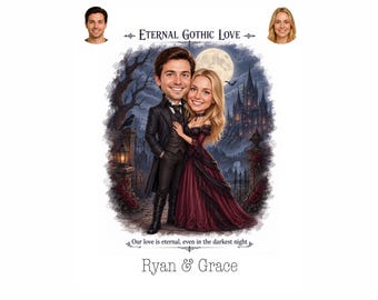 Gothic Halloween Caricature for Couple, Personalized Cartoon Portrait from Photo, Dark Romantic Digital Gift