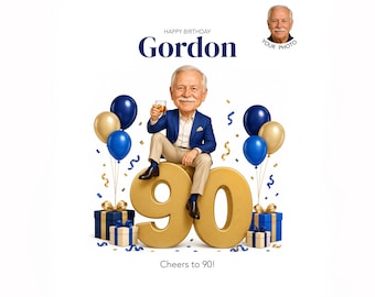 90th Birthday Caricature for Him — Personalized Cartoon Portrait, Digital Download