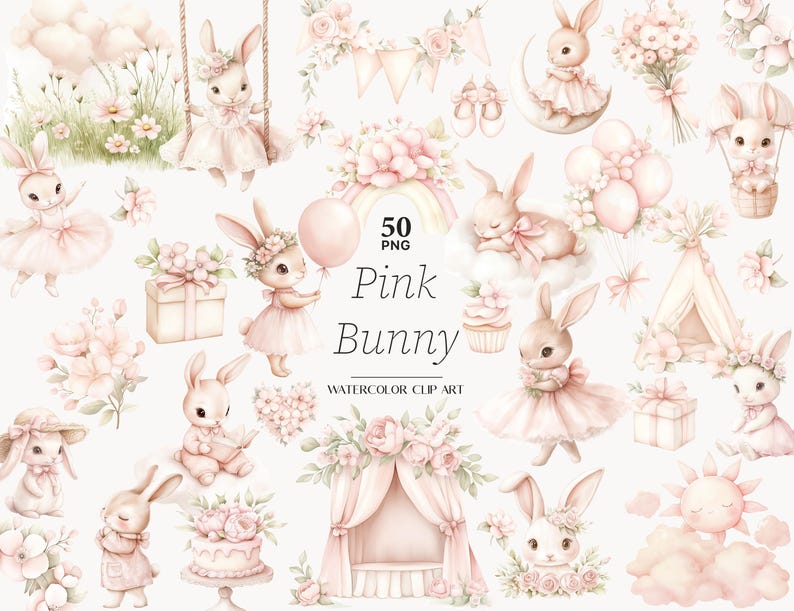Pink Bunny Clipart Ballerina Rabbit PNG for Baby Girl Shower Pink ...