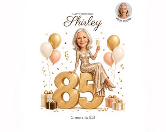 85th Birthday Caricature for Her — Personalized Cartoon Portrait, Custom Digital Keepsake