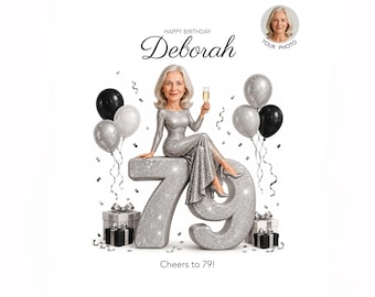 Personalized 79th Birthday Caricature for Her — Custom Cartoon Portrait, Printable Digital Download