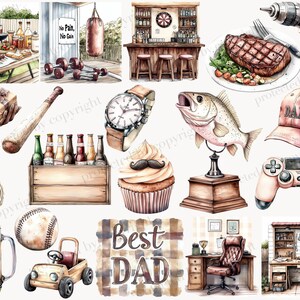 May include: Watercolor illustrations of items associated with Father's Day, including a baseball bat, watch, beer mug, and a baseball cap with "DAD" on it. Other items include a cupcake with a mustache, a fish statue, and a video game controller.