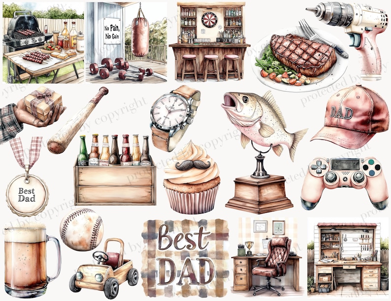 May include: Watercolor illustrations of items associated with Father's Day, including a baseball bat, watch, beer mug, and a baseball cap with "DAD" on it. Other items include a cupcake with a mustache, a fish statue, and a video game controller.