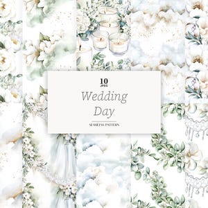 Könnte beinhalten: Eine Sammlung nahtloser Aquarellmuster zum Thema Hochzeit. Die Muster zeigen weiße Blumen, Kerzen und wolkenartige Hintergründe. Der Text "Wedding Day" wird auf einer weißen Karte angezeigt. Das Bild ist ein digitales Design.