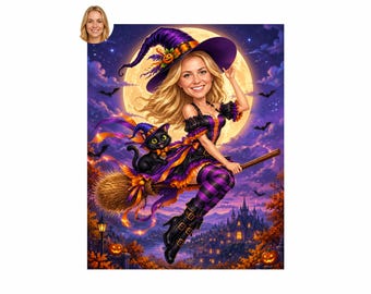 Personalized Halloween Caricature for Woman, Custom Cartoon Portrait from Photo, Printable Digital Gift
