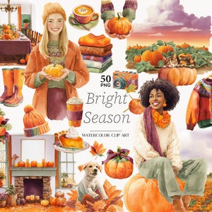 Op de afbeelding: Een verzameling aquarelillustraties met herfstthema's zoals pompoenen, gezellige truien, herfstbladeren, een eettafel, een open haard, een puppy en twee personen, met de tekst 50 PNG Bright Season Watercolor Clip Art.