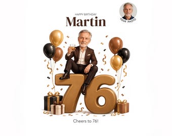 Personalized 76th Birthday Caricature for Him — Custom Cartoon Portrait, Printable Digital Gift