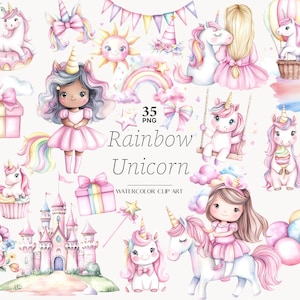 Rainbow Unicorn Clipart: Pink Birthday Party PNG Baby Shower Girl-illustraties (digitale download)