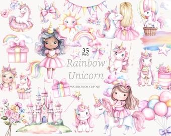 Rainbow Unicorn Clipart: Pink Birthday Party PNG Baby Shower Girl clip art (Digital Download)