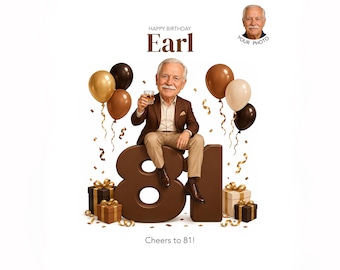 81st Birthday Caricature for Him — Custom Cartoon Portrait, Personalized Digital Gift