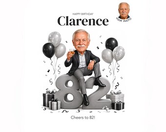 82nd Birthday Caricature for Him — Personalized Cartoon Portrait, Digital Keepsake