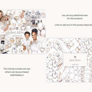 May include: A digital clip art set with a white and gold theme. The set includes illustrations of a woman and child, a house, hearts, flowers, and the text "Best Mom".