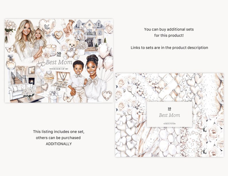 May include: A digital clip art set with a white and gold theme. The set includes illustrations of a woman and child, a house, hearts, flowers, and the text "Best Mom".