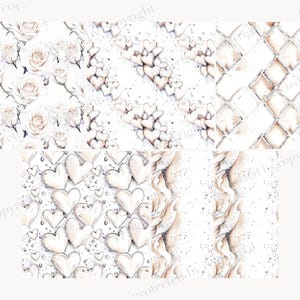 May include: A digital paper pack with 10 seamless patterns featuring white roses, hearts, and geometric designs. The patterns are perfect for creating invitations, cards, and other paper crafts.