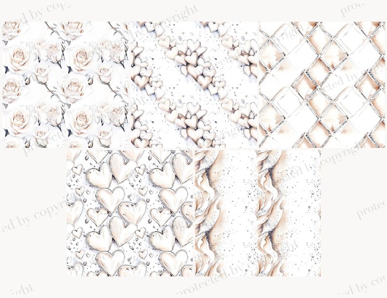 May include: A digital paper pack with 10 seamless patterns featuring white roses, hearts, and geometric designs. The patterns are perfect for creating invitations, cards, and other paper crafts.