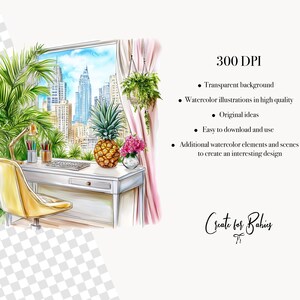 May include: A watercolour illustration depicts a desk with a pineapple, flowers, and a keyboard, overlooking a city. A yellow chair and a desk lamp are also included. The image contains text: "300 DPI" and "Create for Babies".