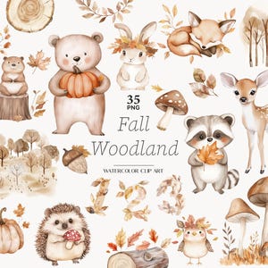 Clipart forêt automne, clipart forêt automne, décoration de fête d'anniversaire automne, clipart anniversaire bébé pour invitation, renard, ours, hérisson, hibou