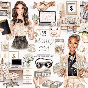 Clipart ragazza denaro, Clipart ragazza d'affari, Clipart ragazza pianificatrice, Clipart ragazza capo, PNG finanze, PNG ragazza nera pianificatrice, Download digitale