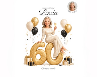 60th Birthday Caricature for Her — Personalized Cartoon Portrait, Digital Download