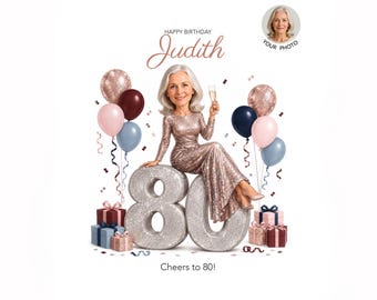 Custom 80th Birthday Caricature for Woman — Personalized Cartoon Portrait, Digital Download