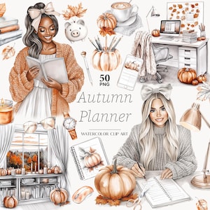 Autumn Planner Clipart Collection Fall Planner Girl PNG Pumpkin Stickers Cozy Neutral Journaling Graphics for Journals Digital Download