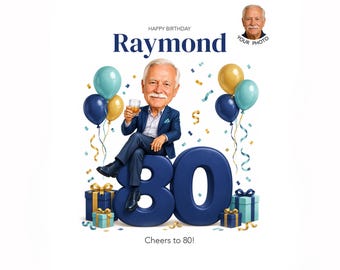 80th Birthday Caricature for Him — Personalized Cartoon Portrait, Custom Digital Gift