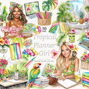 May include: Watercolor clip art featuring tropical planner girl illustrations. Includes a woman with a floral head wrap, a laptop, pencils, a parrot, and a typewriter. The text "Tropical Planner Girl" is visible.