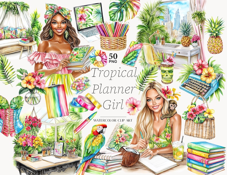 May include: Watercolor clip art featuring tropical planner girl illustrations. Includes a woman with a floral head wrap, a laptop, pencils, a parrot, and a typewriter. The text "Tropical Planner Girl" is visible.