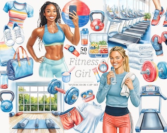 Fitness Girl Clipart: Gym Workout PNG Graphics, Sports Silhouettes (Digital Download)