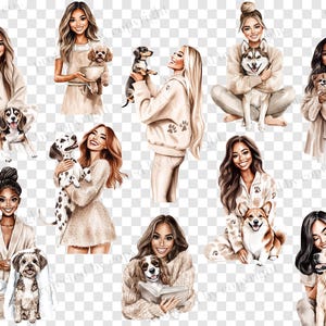 May include: Watercolor illustrations of women with various dog breeds. The women are depicted in casual attire, including pajamas and sweaters. The dogs include a beagle, Dalmatian, husky, corgi, and golden retriever. Some illustrations include the text "Dog Mom".