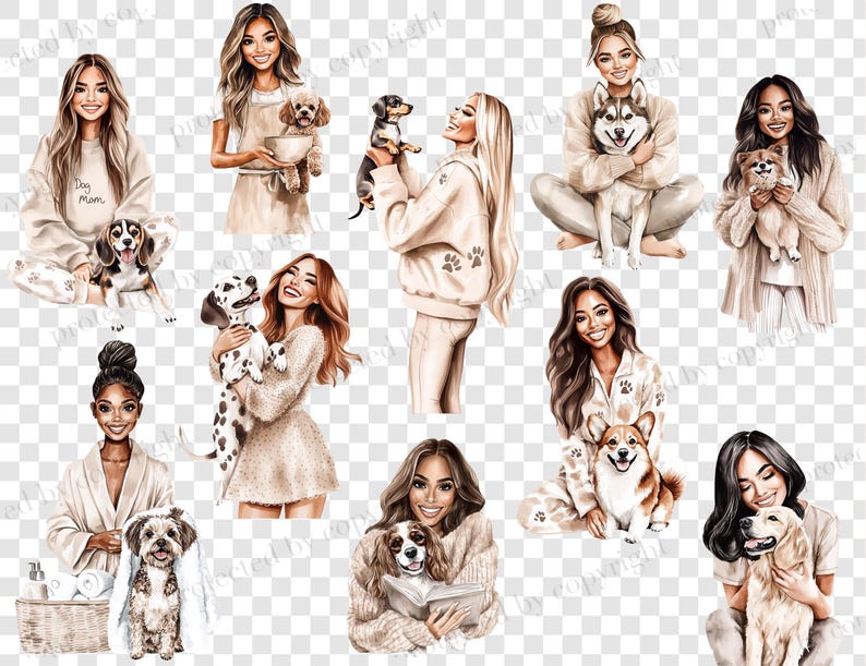 May include: Watercolor illustrations of women with various dog breeds. The women are depicted in casual attire, including pajamas and sweaters. The dogs include a beagle, Dalmatian, husky, corgi, and golden retriever. Some illustrations include the text "Dog Mom".