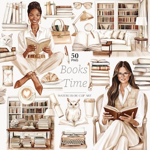 May include: Watercolor clip art set with the text "Books Time". The image features illustrations of books, women reading, a cat, a croissant, a coffee cup, a typewriter, an owl, and other library-themed objects.