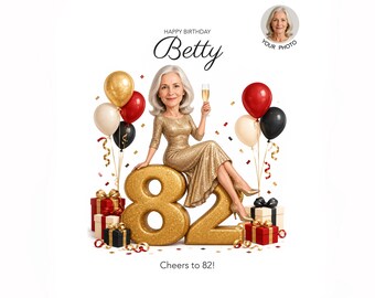 82nd Birthday Caricature for Woman — Personalized Cartoon Portrait, Custom Digital Gift