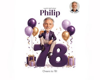 78th Birthday Caricature for Him — Personalized Cartoon Portrait, Printable Digital Download