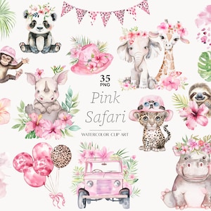 Imágenes prediseñadas de safari rosa, imágenes prediseñadas de niña de safari rosa, decoración de fiesta de cumpleaños, imágenes prediseñadas de animales de la jungla, imágenes prediseñadas de niña de cumpleaños rosa para invitación
