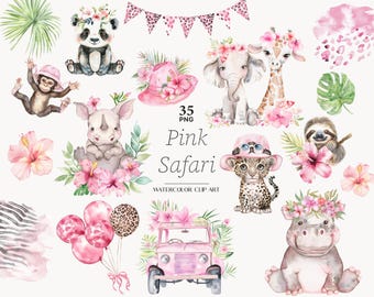 Pink Safari Clipart: Jungle Animals, Birthday Party Decor (PNG Files)