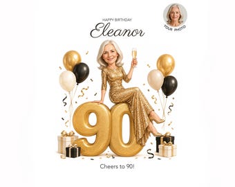90th Birthday Caricature for Her — Personalized Cartoon Portrait, Custom Digital Gift