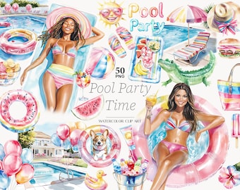 Clipart zwembadfeest: zomervakantie-afbeeldingen (digitale png-download)