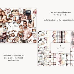 May include: Watercolor clip art set with the text "Best Dad" featuring illustrations of family, gifts, and various objects. The image includes a variety of elements, such as a desk, watch, and a baseball glove.