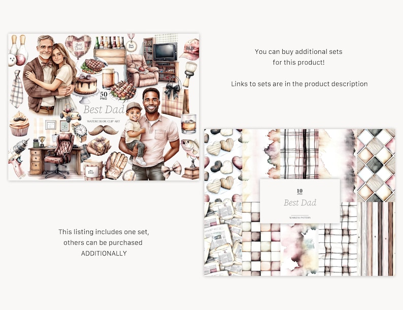 May include: Watercolor clip art set with the text "Best Dad" featuring illustrations of family, gifts, and various objects. The image includes a variety of elements, such as a desk, watch, and a baseball glove.