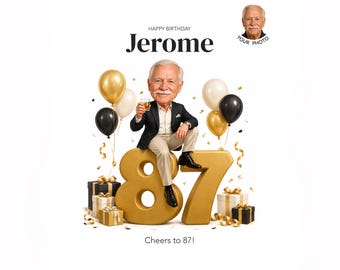 Personalized 87th Birthday Caricature for Him — Custom Cartoon Portrait, Digital Keepsake