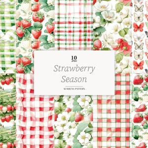 May include: A collection of watercolor seamless patterns featuring strawberries, butterflies, and gingham designs. The patterns include red and green strawberries, white flowers, and various butterfly illustrations. The text "Strawberry Season" is displayed.