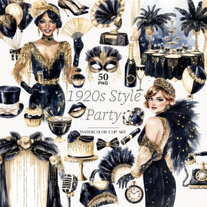 May include: Watercolor clip art set featuring a 1920s style party theme. Includes illustrations of flapper girls, balloons, champagne, dresses, and accessories in black and gold. The text "1920s Style Party" is also included.