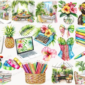 May include: A collection of watercolour illustrations featuring tropical elements. Includes a pineapple, parrot, monkey, flowers, books, a laptop, a typewriter, a corset, a pen, coloured pencils, and tape. The colour scheme is vibrant with greens, pinks, yellows, and blues.